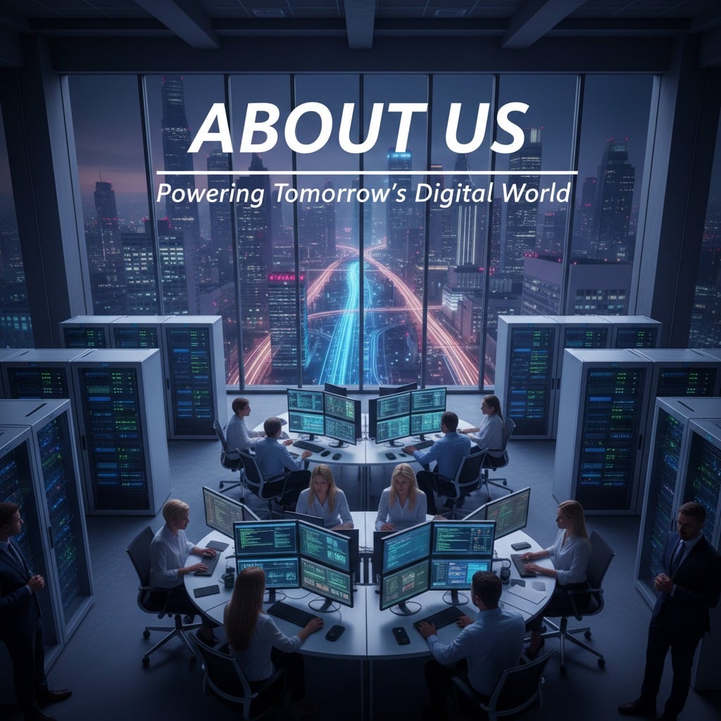 A server room features rows of computer servers and teams of people working at circular desks with multiple monitors, with a large window in the background showing a night city skyline and the text "ABOUT US: Powering Tomorrow's Digital World".